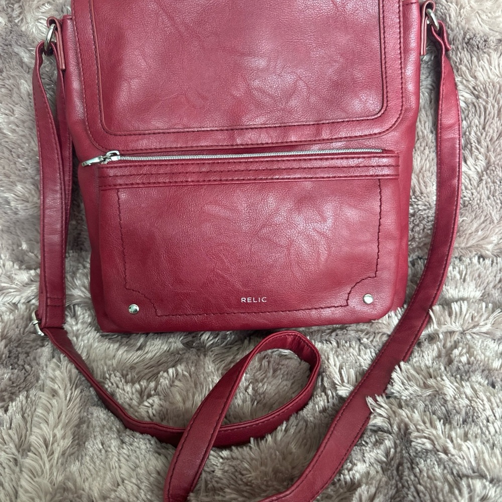 Relic Red Crossbody Bag with Adjustable Strap and Silver Hardware